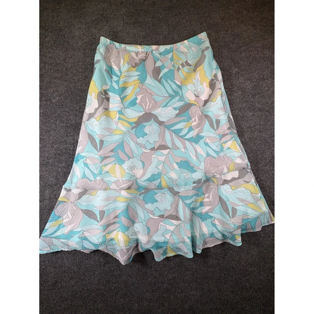 Alfred Dunner Petite Floral Midi Skirt Turquoise Green Flounce Hem 14P 2610